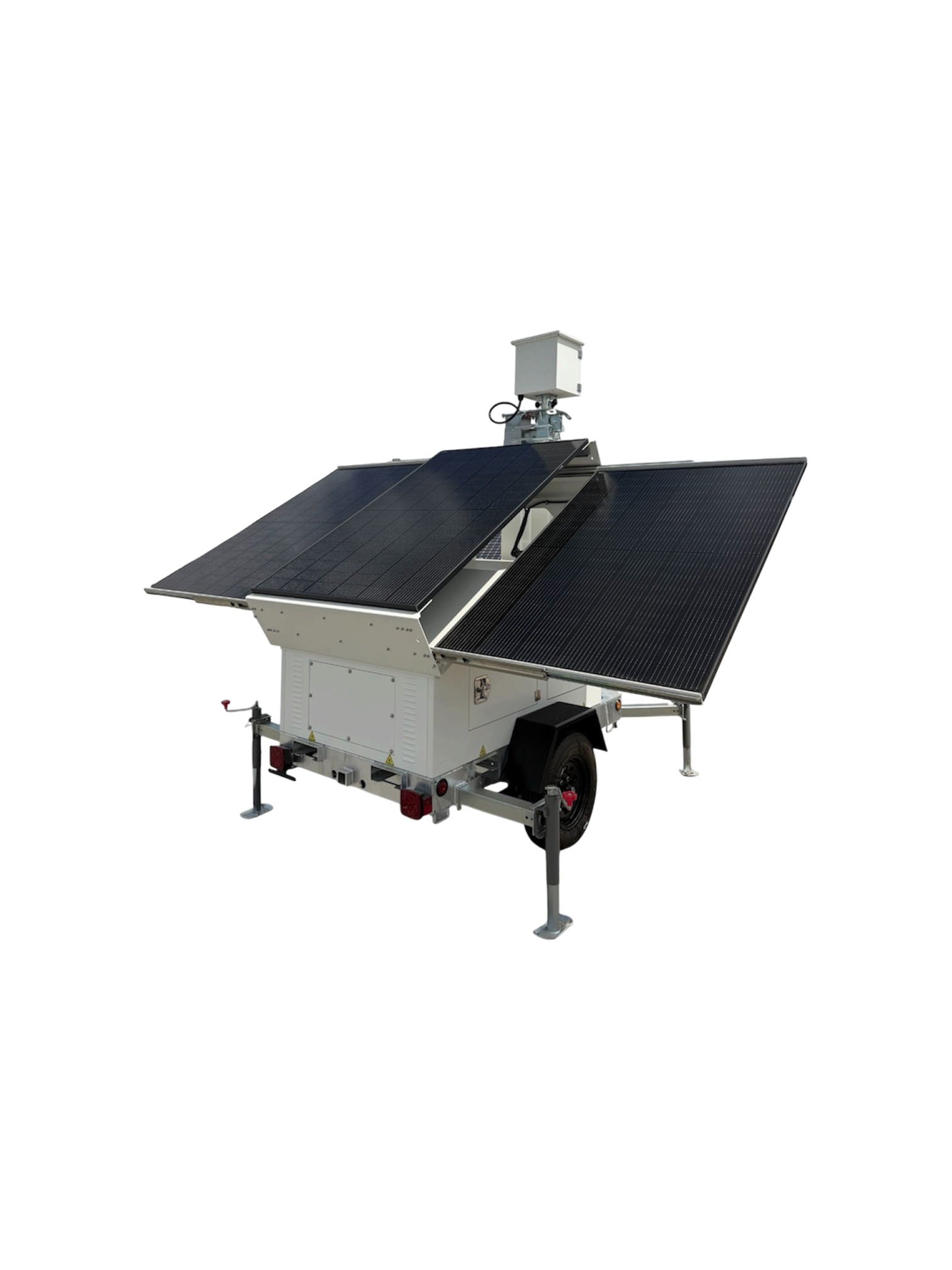 Rear three-quarter view of the Model XLS3 mobile solar unit with three solar panels deployed